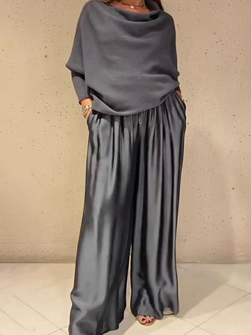 Elegant Slash Collar Off Shoulder Top&Satin Wide Leg Pants Sets Fashion Irregular Solid  Commute Outfits Lady Simple Loose Sets