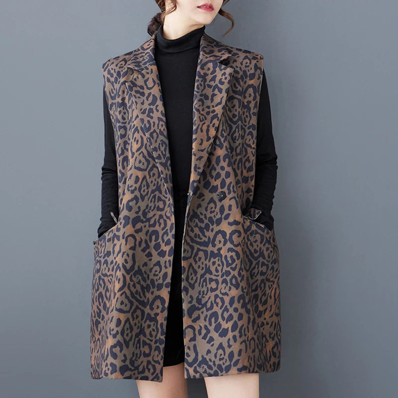 Leopard Printing Good Quality Vest for Women Spring Autumn Fashion Mid-long Business Casual Sleeveless Pocket Classic Waistcoats