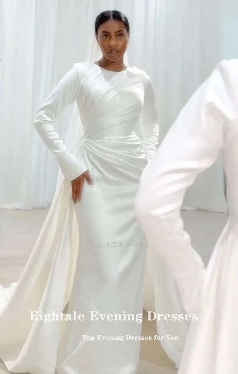 Eightale Arabic Wedding Dress Beaded Pearls O-Neck Customized Satin White Ivory Long Sleeves Muslim Bridal Gown Robe De Mariée