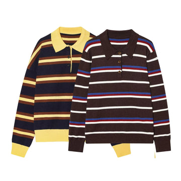 New women's clothing European and American style fashion foreign trade casual striped polo shirt collar knitted sweater