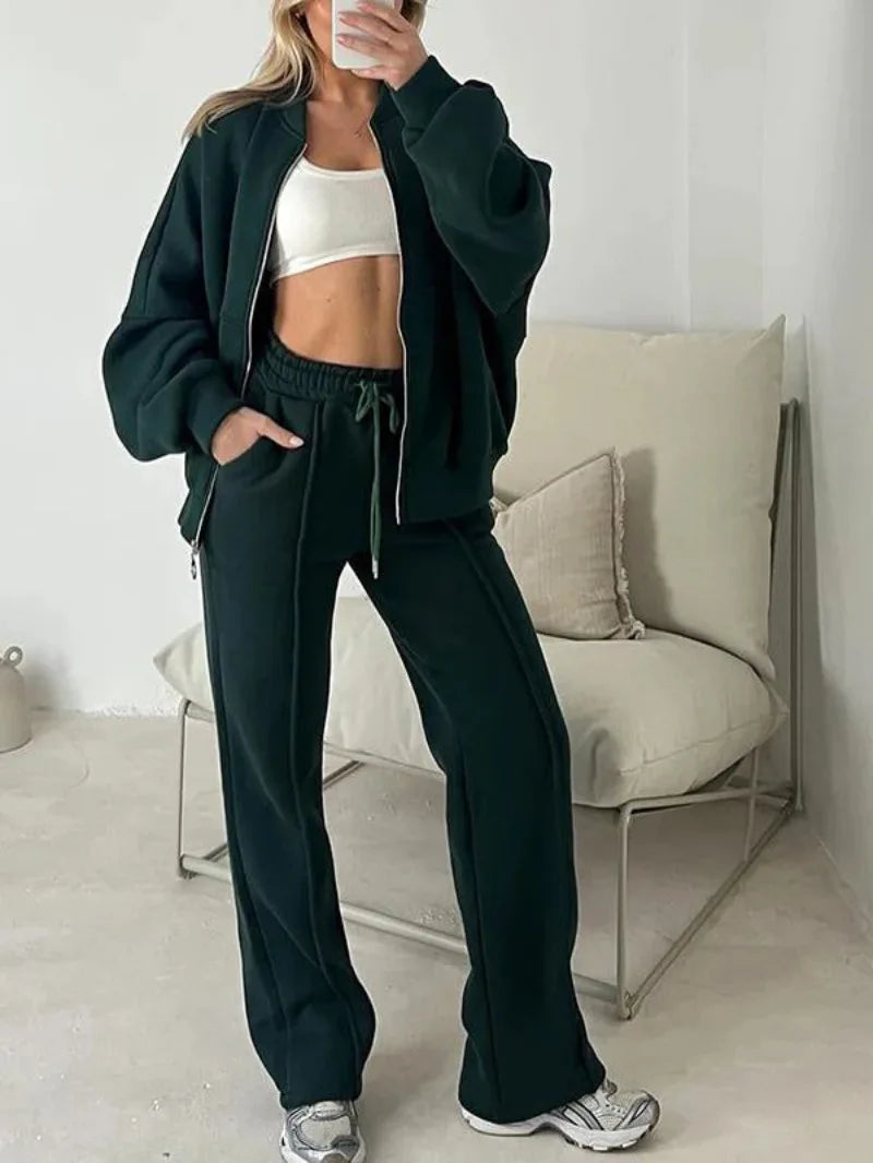 Autumn New Sports Suit For Women Loose Solid Color Zipper Long Sleeve Sweatshirt Coat High Waist Lace Up Trousers 2 Piece Set