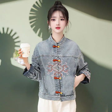 Spring Autumn Denim Short Coat Women 2025 New Vintage Embroidery Dial Buckle Jeans Ja Female Casual Loose Outerwear Clothes T889