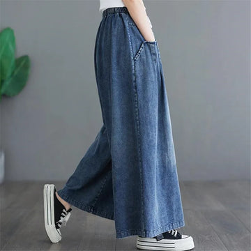 Spring Summer New Vintage Denim Wide Leg Pants Women Loose Pleated Jeans Fashion Elastic High Waist Trousers Ladies Pants T1302