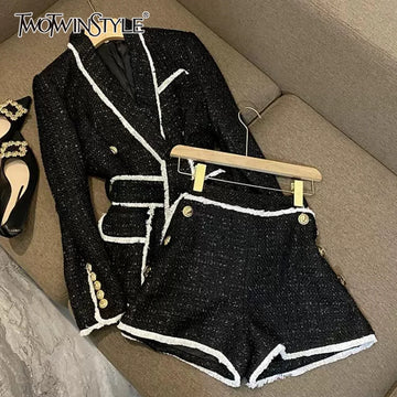 TWOTWINSTYL French Style Two Piece Sets For Women Lapel Long Sleeve Top High Wasit Shorts Elegant Set Female YJA106114 KPA514967