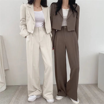 Suit Coat 2 Piece Set Women Blazer Jacket Straight Pants Ensemble Single Breasted Turn Down Collar Trousers Office Lady Outfits