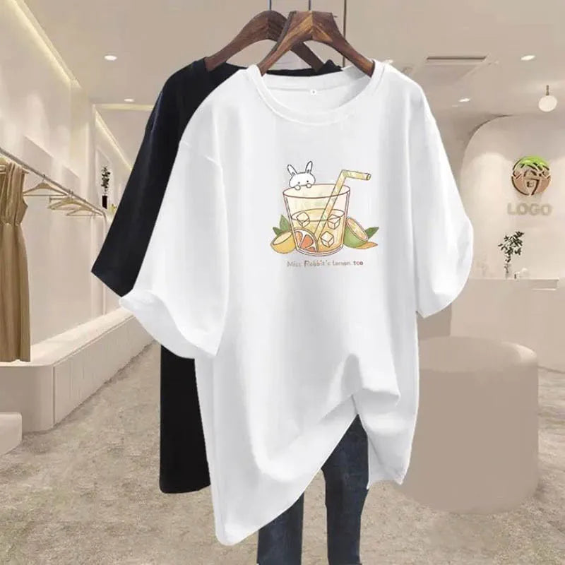 Women Clothing Pure Cotton Basic All-match T-shirt Summer Casual Loose O-neck Short Sleeve Top Tee Oversized Chic Print Pullover