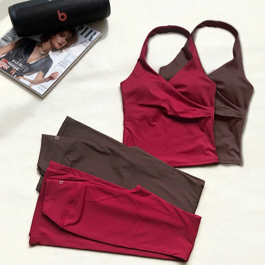 CSB Flare Legging Set Halter Top with Built in Bra &High Waist Leggings Naked-feel Fabric Yoga Vest Gym Clothing