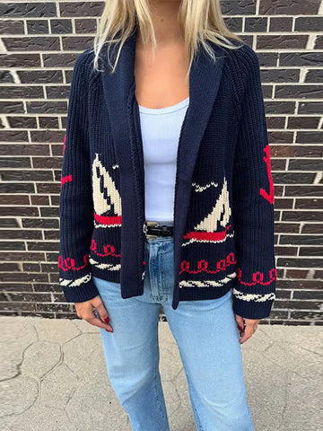 Fashion Sailboat Print Knit Cardigan For Women Casual Lapel Long Sleeve Loose Sweater Lady 2026 Spring Chic Street Outerwear
