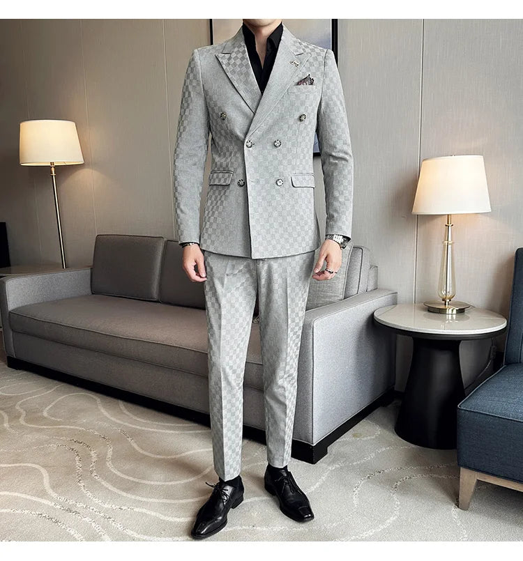 (Jacket+Pants) 2 Pieces Blue Apricot Business Party Men Suits Double Breasted Formal Style Custom Made Wedding Groom Tuxedos