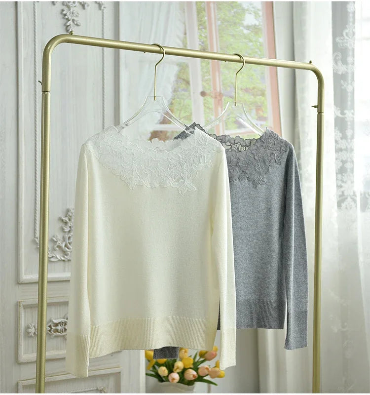 Elegant Floral Embroidery Hollowed Out Lace Patchwork Off Shoulder Top Sweater Autumn New Grey Beige Knitted Pulloverclothi