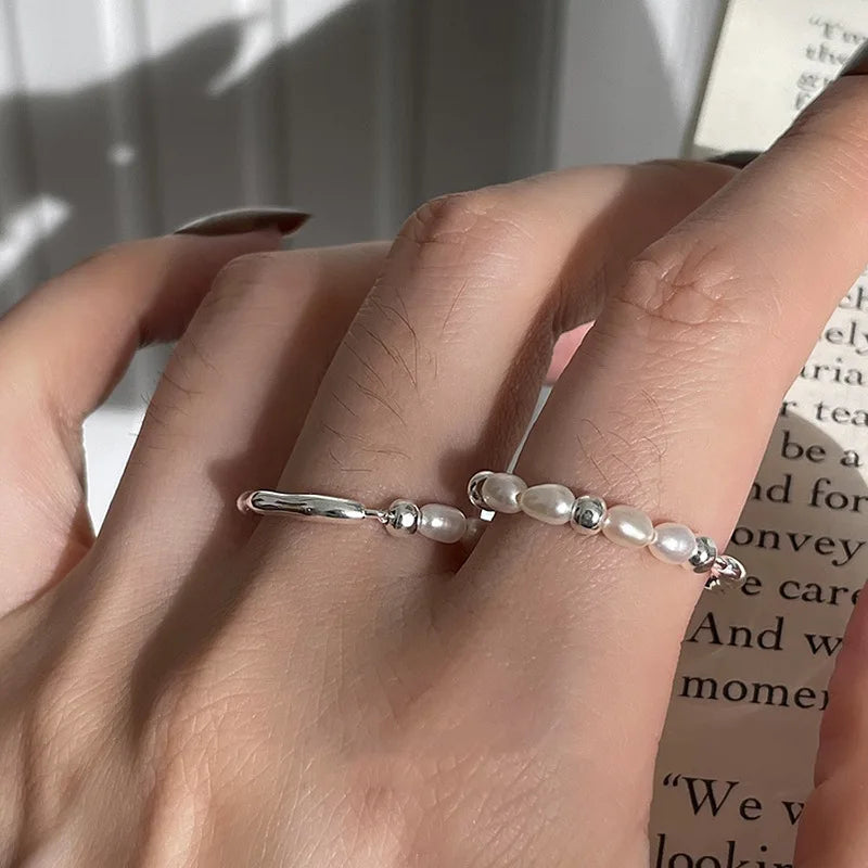 BFCLUB  Silver Color Geometric Irregular Ball Pearls Rings for Women Bohemian Retro Adjustable Antique Personality Ring