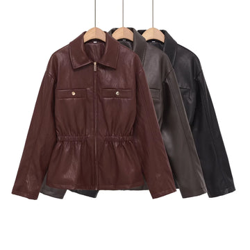 2026 Winter New Product High End Long Sleeve Collar Imitation Leather Elastic Waist Jacket Leather Coat Women