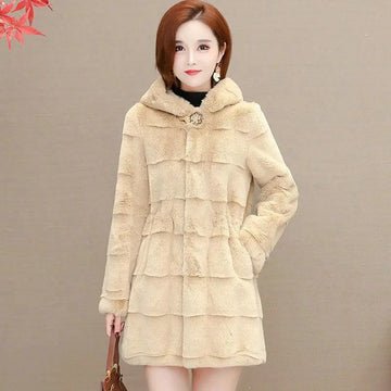 Autumn winter new Imitation mink velvet mid-length fur coat Women fashion slim hooded plush fur jacket Female Warm overcoat T690