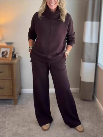 Autumn Winter Commuter Women's Two-piece Fashionable Solid Color Turtleneck Long-sleeved Loose Sweatshirt With Casual Pants Suit