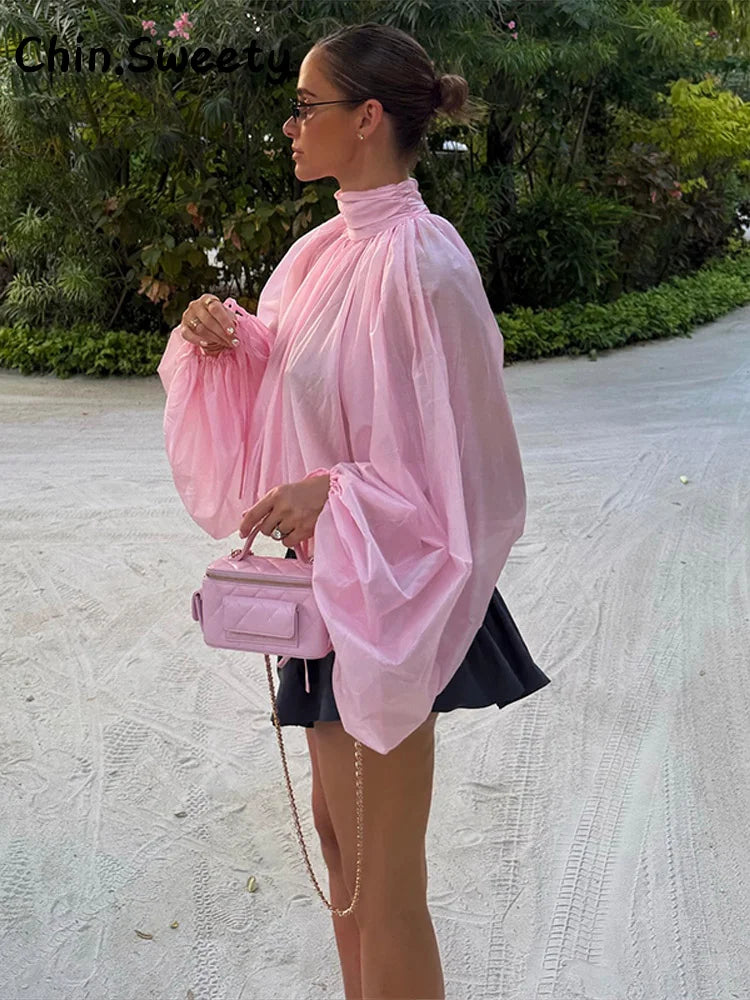 Fashion Ruffles Puff Sleeve Chiffon Shirts Women Solid See Through Stand Collar Lace Up Blouses  2026 Spring Lady Vacation Tops