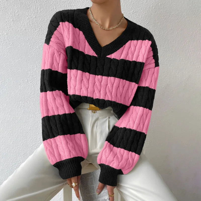 Women Jumper Knitted Striped Pullovers V Neck Sweater Long Sleeve Sweaters Loose Casual 2025 Autumn Basics Slight Strech