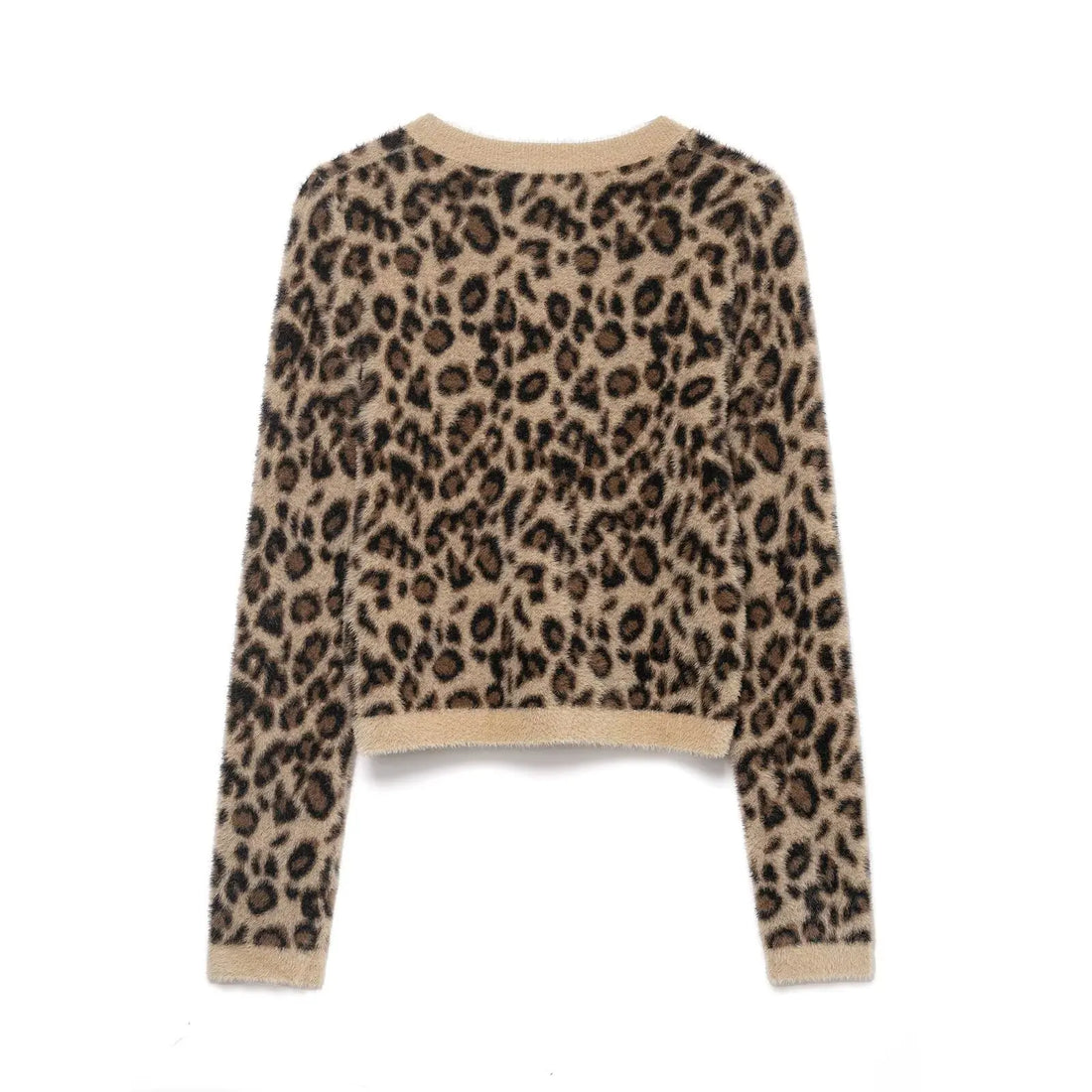 DUOPERI Women's Faux Fur Animal Printed Knitted Pullover Sweater Casual O-Neck Long Sleeves Female Elegant Chic Lady Tops