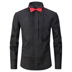 Mens Tuxedo Shirt with Bow Tie Solid Color Wing Tip Collar Shirt Wedding Party Performance Long Sleeve Dress Shirt Men Clothing