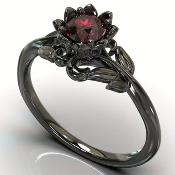 Charm Black Color Flower Round Rings for Women Red Stone Rings Jewelry Party Gift