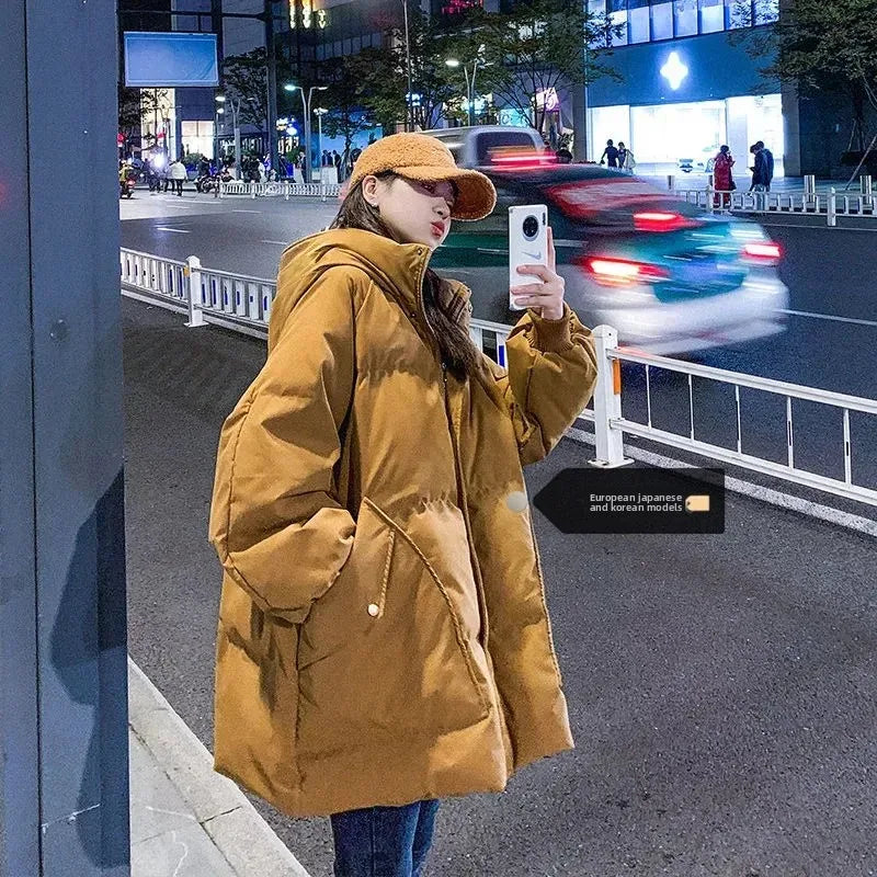 Plus Size Thickened Long Cotton Jacket Women's Winter Coat Warm Waterproof Bread Style Outerwear Trendy Overcoat for Students