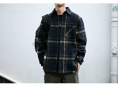 Japanese Vintage Plaid Thick Cargo Shirts For Men Clothing Harajuku High Quality Casual Coat Korean Streetwear Loose Shirt Male