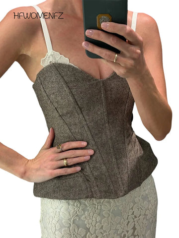 Women Vest Spaghetti Strap Corset Top Street Female Panelled V-neck Sleeveless Backless Slim 2026 Evening Tops New Streetwear