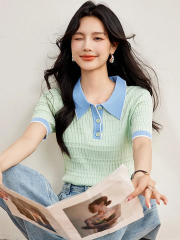 Women's Lapel Collar Slim Fit Knitted Crop Top Sweet Casual Short Sleeve T Shirt Summer Pullovers Fashion Tops