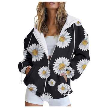 Women's Floral Daisy Printed zipper Hoodie Long Sleeve Casual Sweatirt Women Fashion Trendy Spring and Autumn Y2k Women Clothing