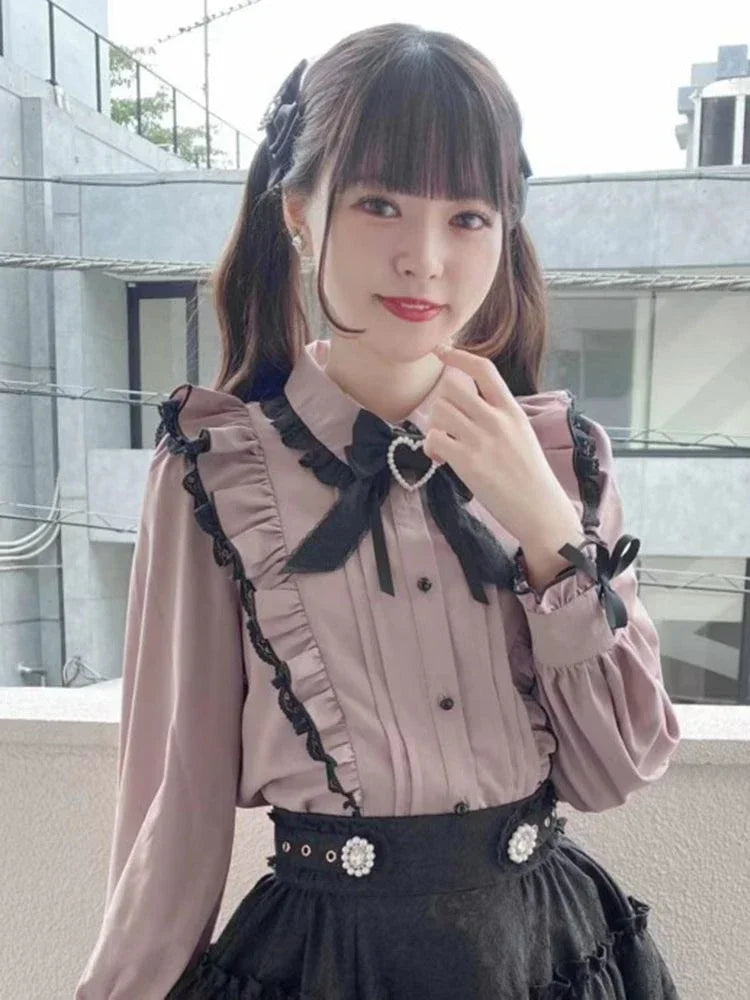 Japanese Kawaii Lace Ruffle Shirt Women Y2k Pink Bow Blouse Harajuku Cute Ladies Tops 2026 New Fashion Lolita Blusas Femme