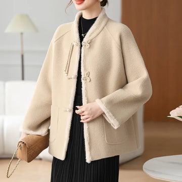 New Fashion Woolen Coat Women Autumn And Winter V-Neck Long Sleeves Tops Middle-Aged Mom Wool Jacket Female Loose Overcoat T1643