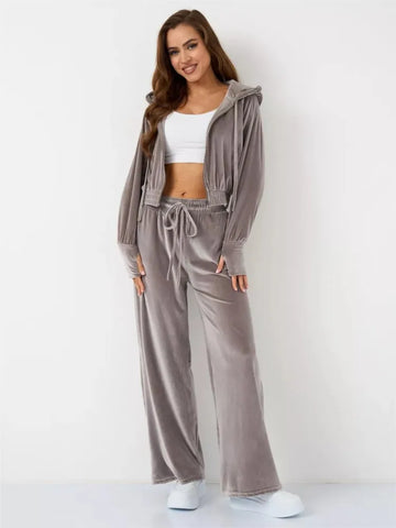 Women Casual Sports 2 Piece Fashion Solid Color Long Sleeved Velvet Hooded Cardigan Elastic Waist Wide Leg Pants Ladies Sets