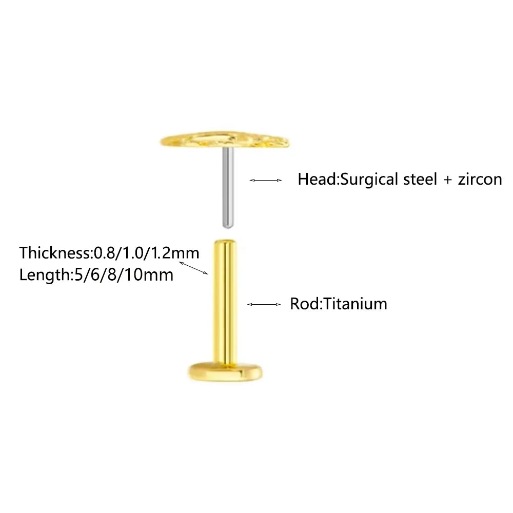ASTM F136 G23 Titanium The ball Tragus Earring Threadless Piercing Heart Cubic zirconia Pin Daith Conch Push in Labret Stud