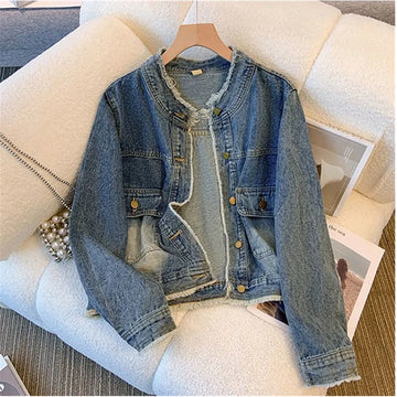 Vintage Denim Jacket Women Spring Fall Loose Single-Breasted Burlap V-Neck Pocket Outwear High Street Fashion Casual Female Top