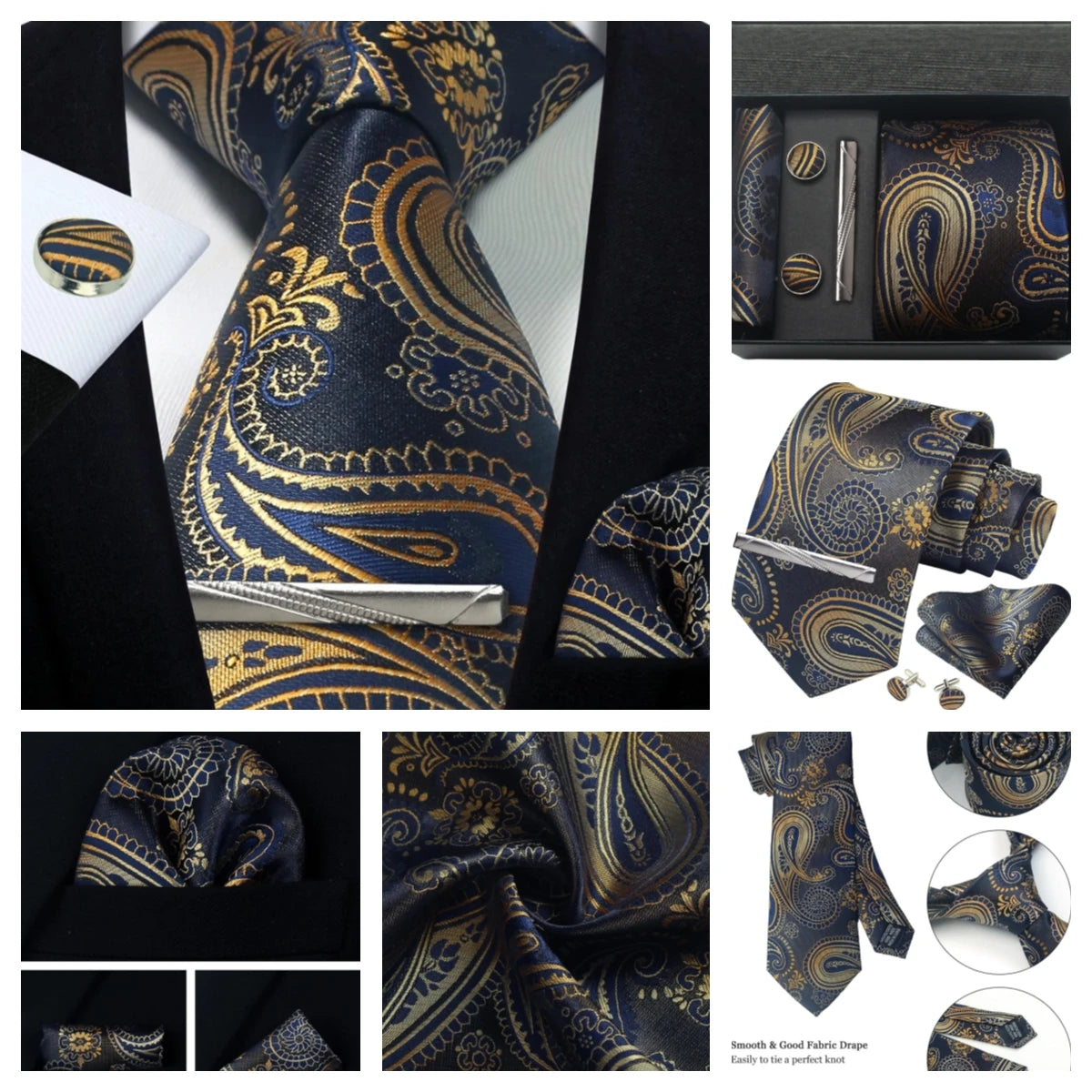 100% Silk Necktie Paisley Floral Mens Tie Top Quality Business Tie Pocket Square Tie Clip Cufflinks Set Classic For Men Gift Box