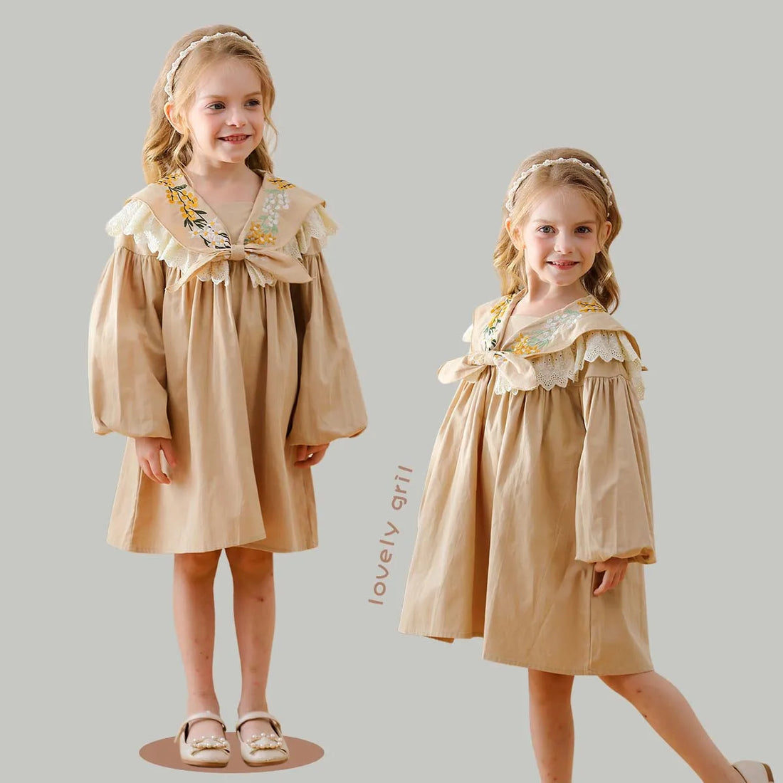 YBFSKID Spring Kids Girl Princess Dress Retro Lace Floral Embroidery Children Girl Dress Cotton Bubble Sleeve Little Girls Dress