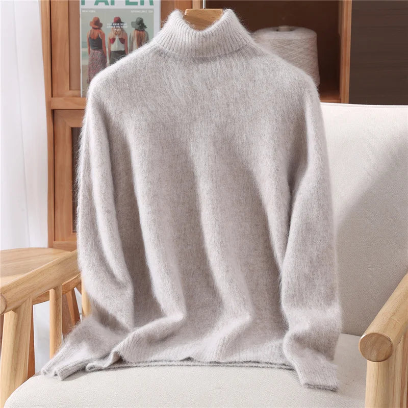 Women's High Collar 100% Mink Cashmere Sweater Autumn/Winter Long sleeves Knit Pullover Loose Bottom Fashion Basic Top 23 colors