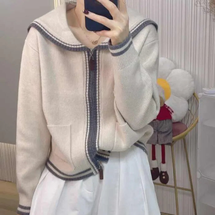 Knitted Sweater Women Cardigans New Long Sleeve Sailor Collar Knit Sweater Cardigan Women Tops Knitwears Sueters De Mujer Q1424
