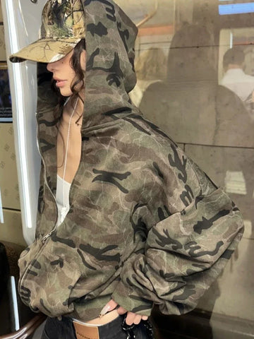 Streetwear Autumn Camouflage Streetwear Casual Hoodies Zipper Jacket Women Tops Y2k Aesthetic Pocket Casual Sweatshirts