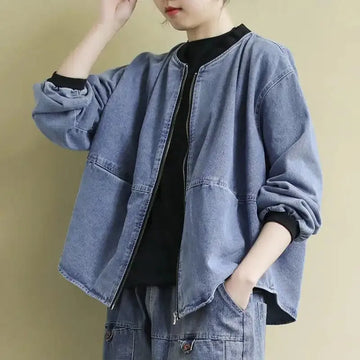 Fashion Baseball Collar Jeans Coat Women Spring New Vintage Long Sleeves Casual Short Denim Jacket Female Loose Outerwear T1478