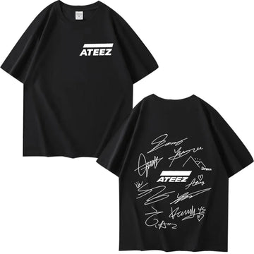 ATEEZ World Tour with Band Member Signatures & Geometric Back Print T Shirt men women  Summer Unisex tops