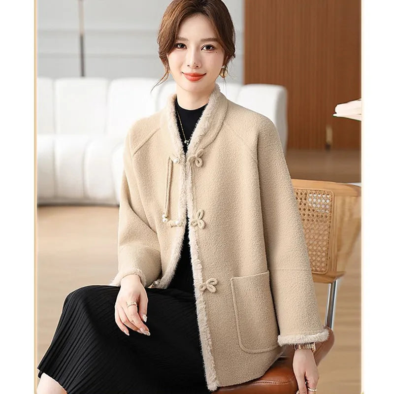 New Fashion Woolen Coat Women Autumn And Winter V-Neck Long Sleeves Tops Middle-Aged Mom Wool Jacket Female Loose Overcoat T1643