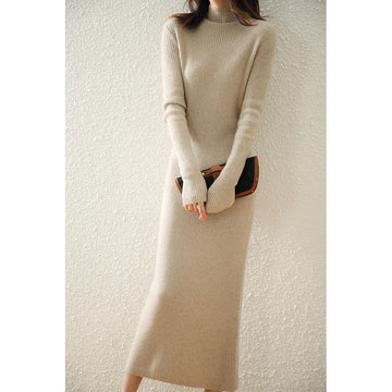 Yoyoselect 100% Merino Wool Women's Slim Ankle Length Dress Autumn Winter Thickened Soft Warm Mock Neck Dress Cashmere Clothing