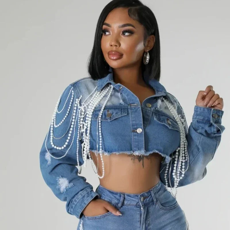 Pearls Beading Tassel Women Autumn Denim Jackets Turn Down Collar Long Sleeve Single Breasted Fashion Jeans Coat Street Crop Top