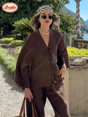 Women Cotton Linen Loose Pants Set Casual Loose V-neck Long Sleeve Tie Up Shirt Suit 2025 Summer Lady Vacation Chic 2-piece Sets