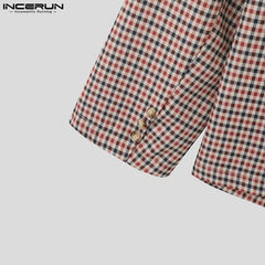 INCERUN Tops 2024 Korean Style Handsome New Men's Plaid Shoulder Padded Suit Coats Fashion Male Loose Long Sleeved Blazer S-5XL