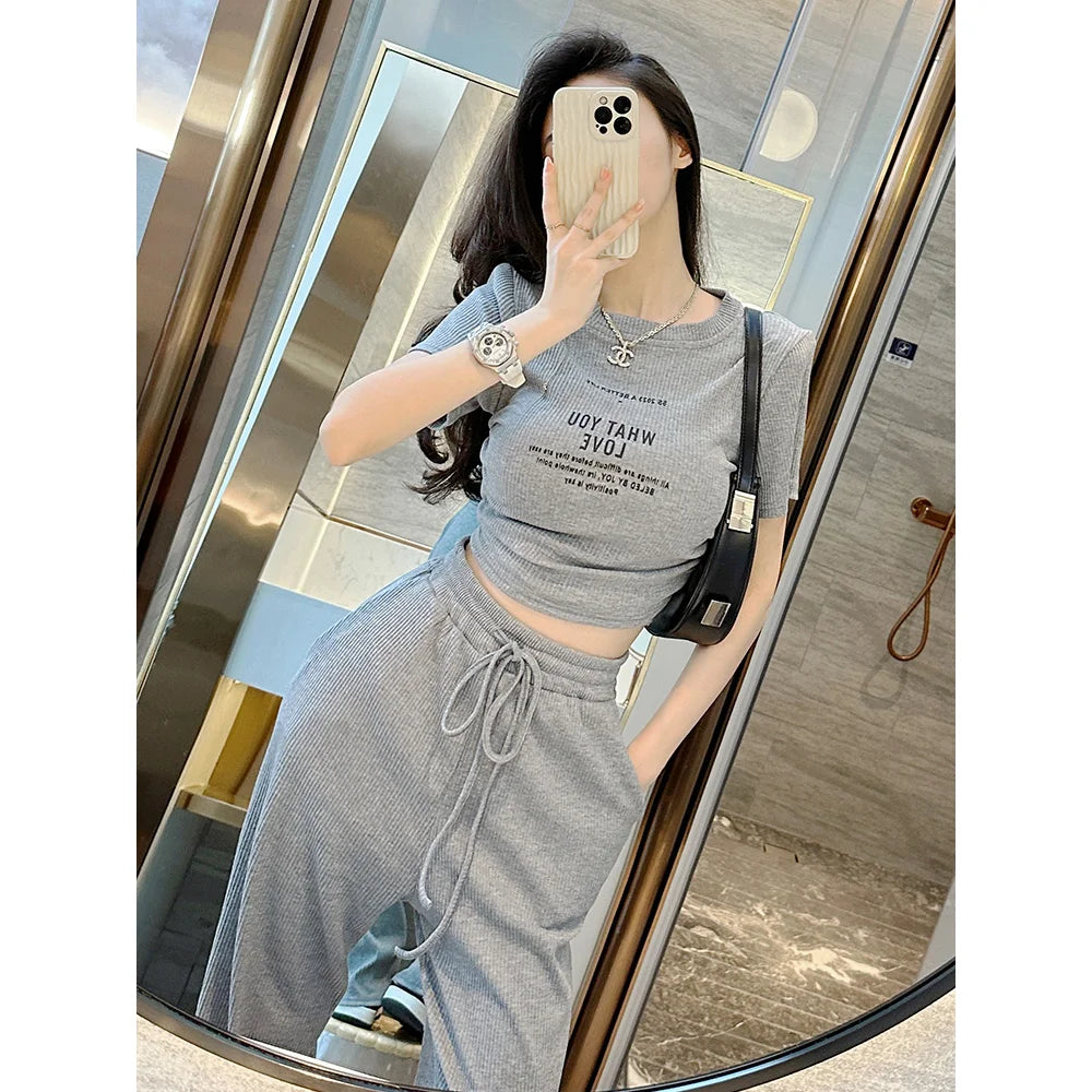 Summer casual sports style spicy girl sexy short sleeved top+fashionable wide leg pants two-piece set