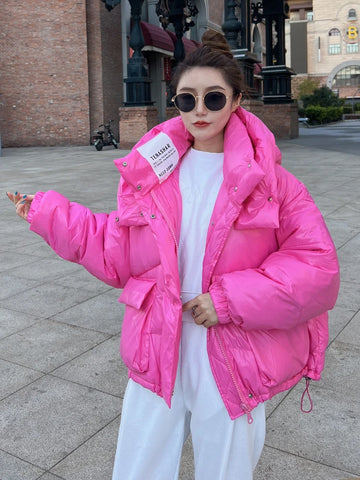 2022 Female Winter Short Hooded Parkas Puffer Bomber Jacket Warm Cotton Padded Coats Stylish Outerwear Oversized Streetwear