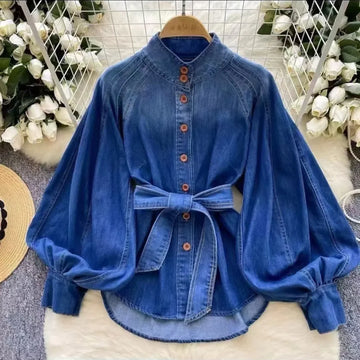 Vintage Denim Shirt Jacket Ladies 2026 Spring New Korean Casual Loose Jean Blouse Coat Women Lantern Sleeves Waist Tops T1553