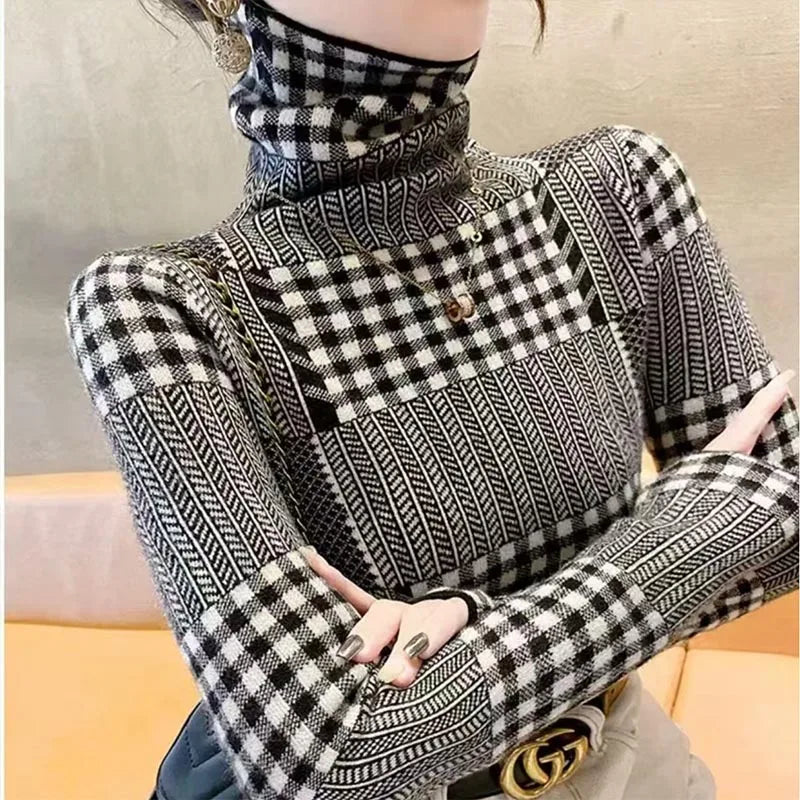 Women's Clothing Vintage All-match Turtleneck Knit Pullover Autumn Winter Fashion Slim Gingham Patchwork Sweater Office Lady Top