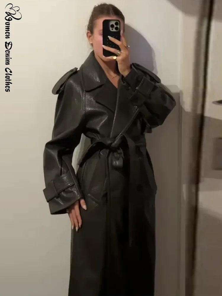 Elegant Pu Leather Women's Long Jacket Double Breasted V-neck Lace Up Solid Jackets Lady 2026 Spring Chic Female Outwears